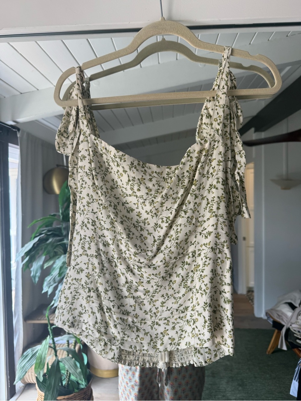 Reformation Cream Floral Tie-Shoulder Tank